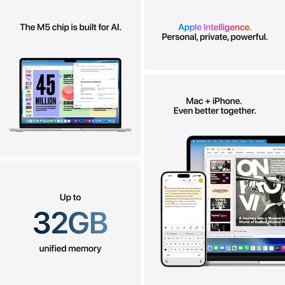 Apple MacBook Air de 13" Midnight chip M5, CPU de 10 núcleos / GPU de 8 núcleos, 16 GB de memoria, SSD de 512 GB